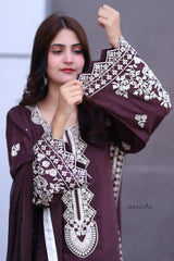 Brown Premium Embroidered 3-Piece Chiffon Suit for Women | BySheeza