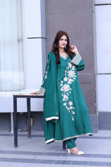 Emerald Green Premium Embroidered 3-Piece Chiffon Suit for Women | BySheez