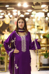 Royal Purple Premium Embroidered 3-Piece Chiffon Suit for Women | BySheeza