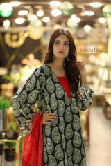 Black Printed Premium 3-Piece Suit with Red Chiffon Dupatta | BySheeza