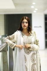 White Premium Embroidered 3-Piece Chiffon Suit for Women | BySheeza