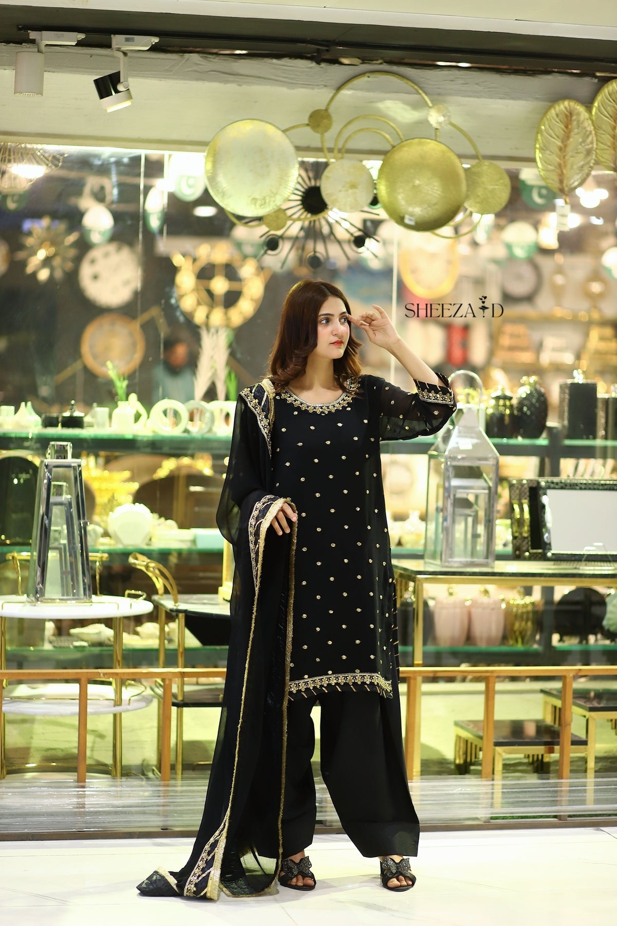Black Premium Embroidered Chiffon 3-Piece Suit for Women | BySheeza