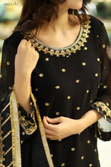 Black Premium Embroidered Chiffon 3-Piece Suit for Women | BySheeza