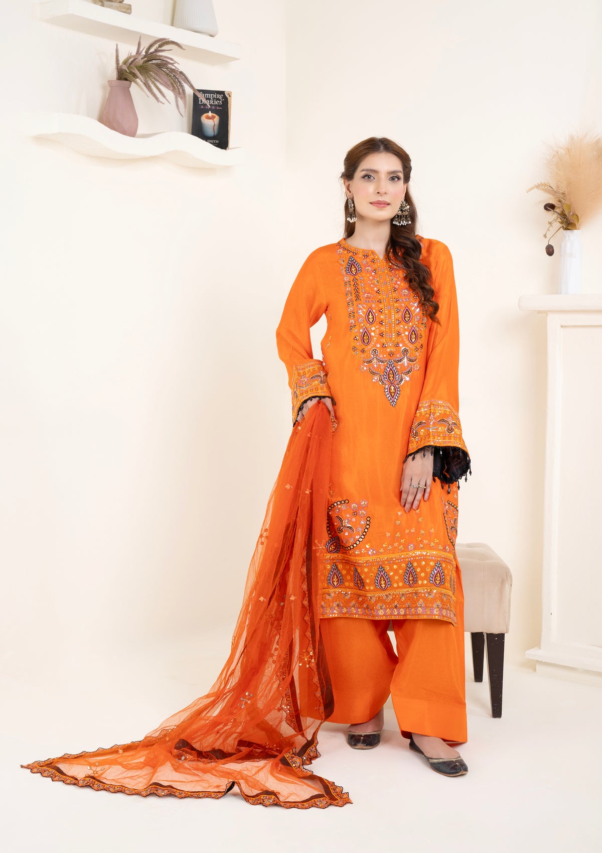 Sunset Ember Embroidered 3 Piece Suit – Premium Ready to Wear by BY SHEEZA 1066