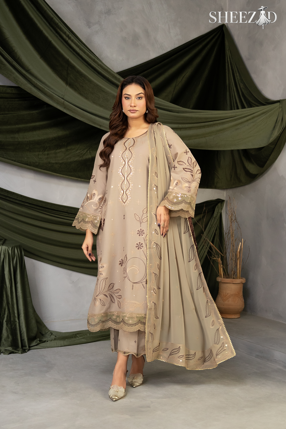 Desert Sand Luxury Embroidered Chiffon 3-Piece Suit for Women | BySheez KSA BSH-1056