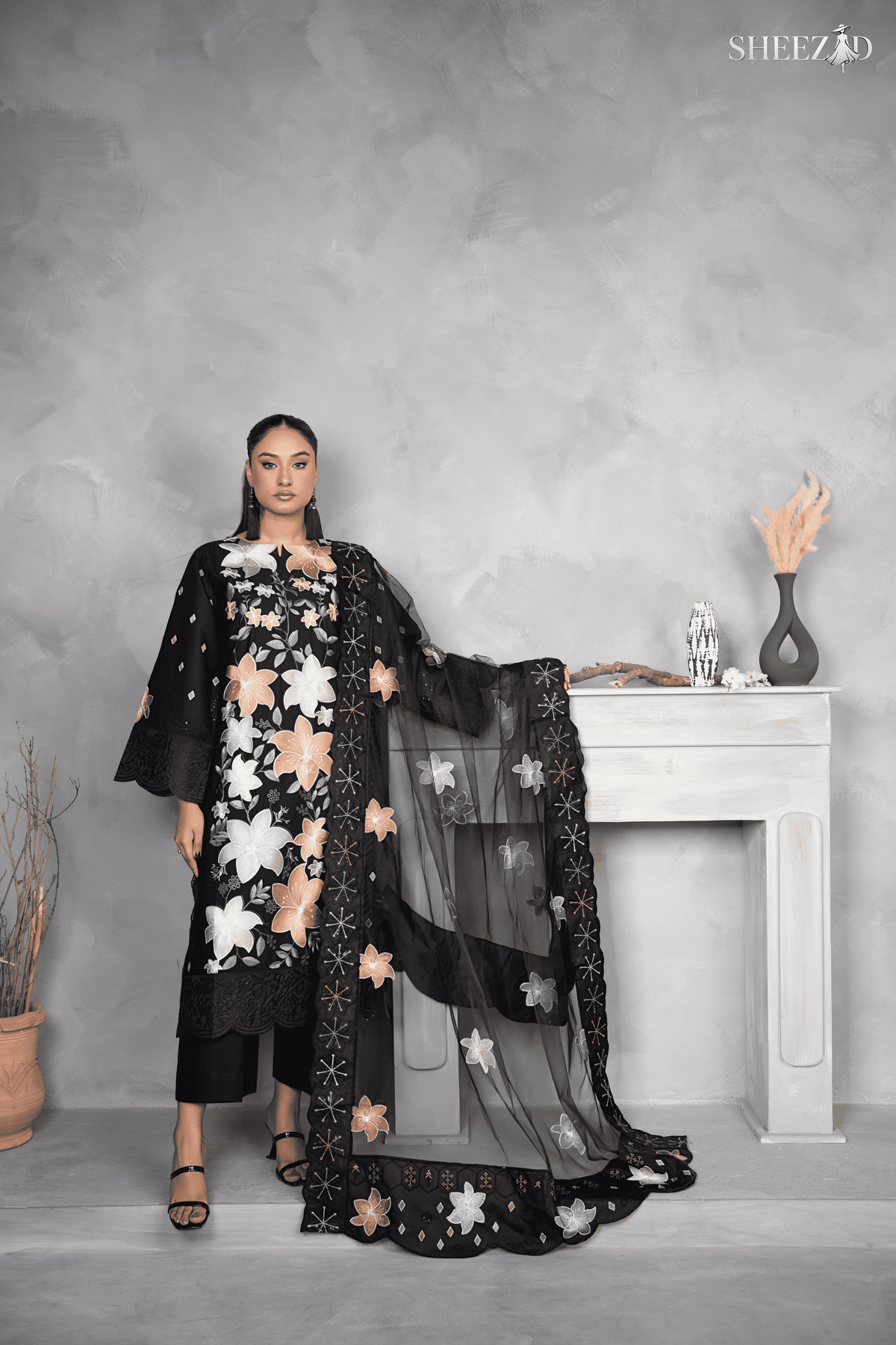 Midnight Blossom Luxury Embroidered Chiffon 3-Piece Suit for Women | BySheez KSA BSH-1058