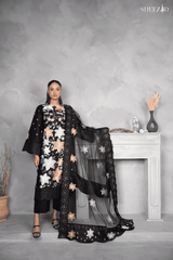 Midnight Blossom Luxury Embroidered Chiffon 3-Piece Suit for Women | BySheez KSA BSH-1058