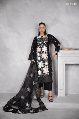 Midnight Blossom Luxury Embroidered Chiffon 3-Piece Suit for Women | BySheez KSA BSH-1058