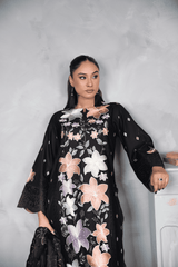 Midnight Blossom Luxury Embroidered Chiffon 3-Piece Suit for Women | BySheez KSA BSH-1058