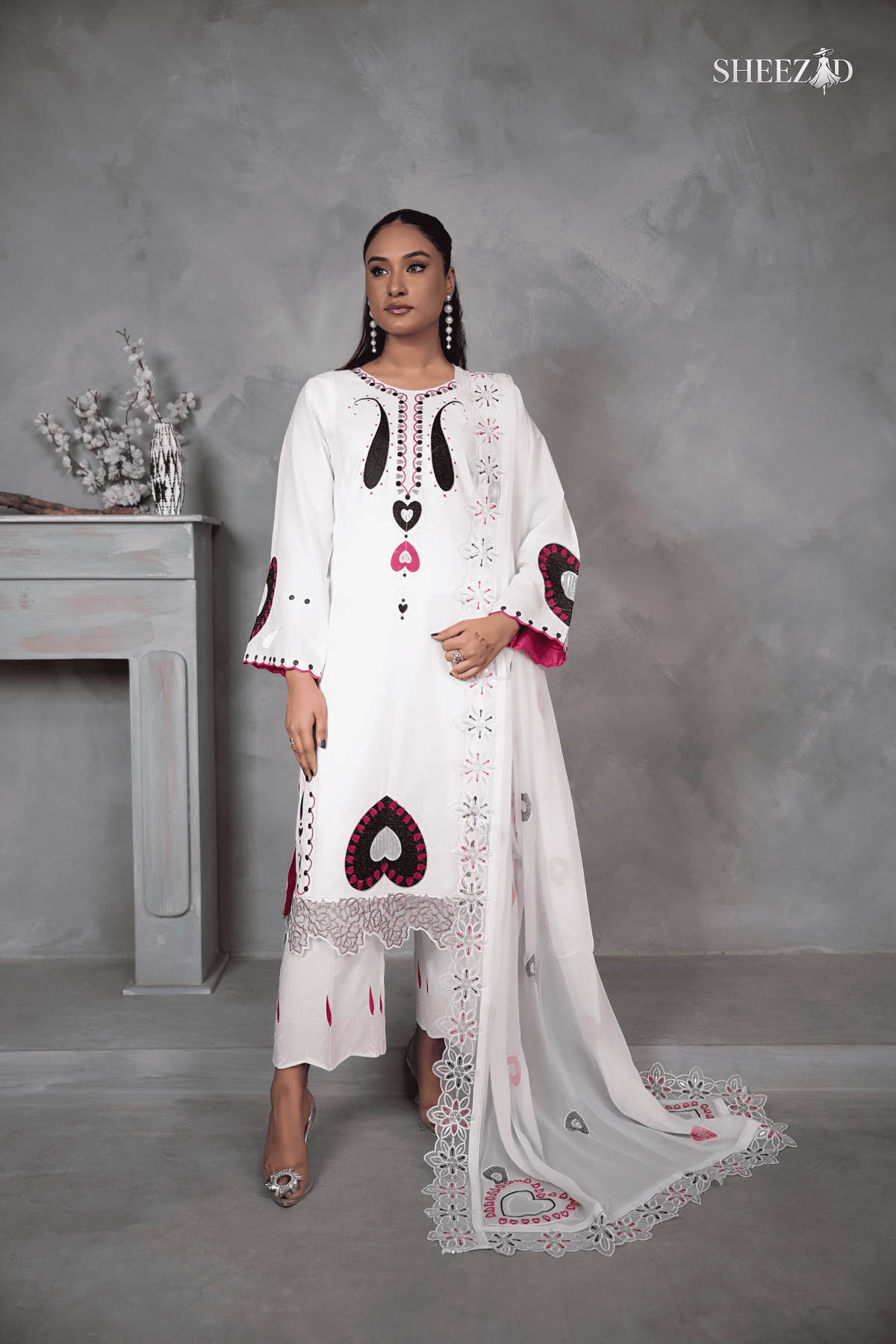 Noor-e-Qalb – White Embroidered 3 Piece Luxury Chiffon Suit for Women BSH-1060