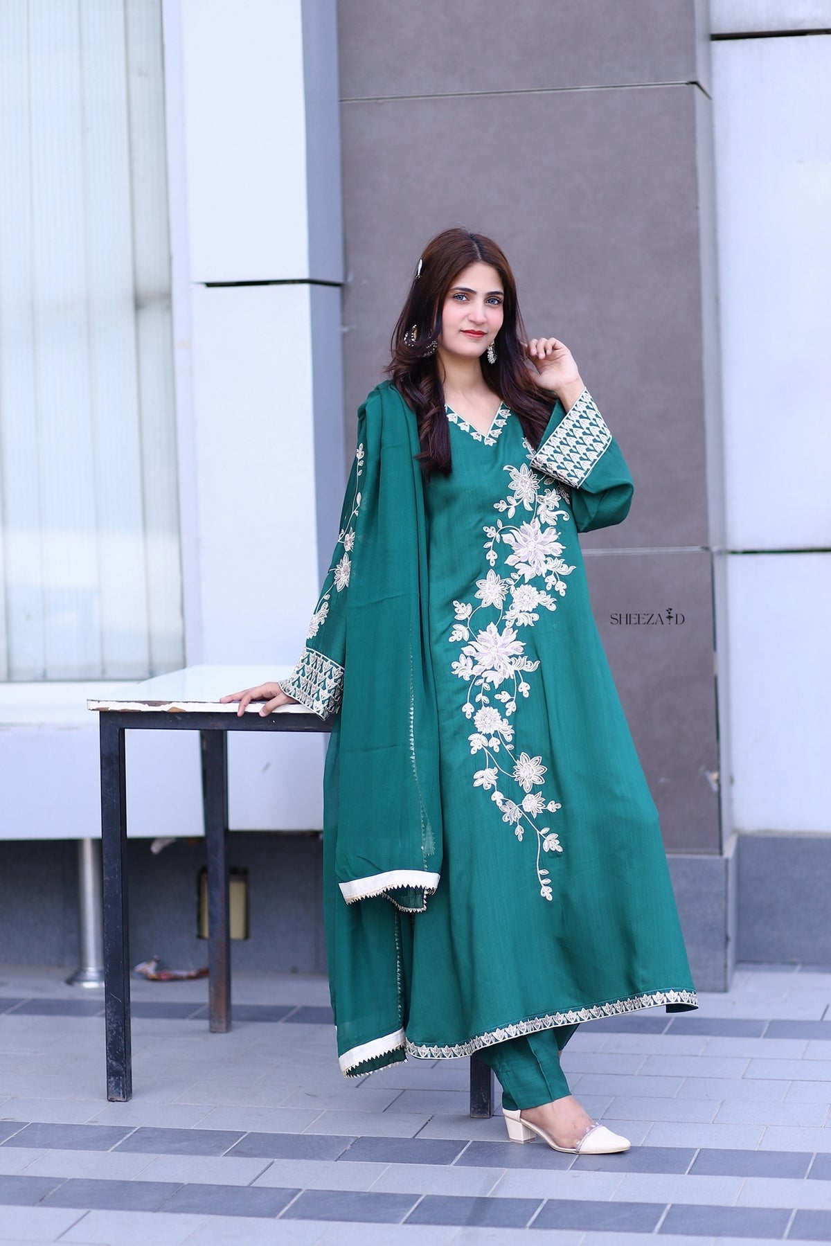 Emerald Green Premium Embroidered 3-Piece Chiffon Suit for Women | BySheez