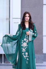 Emerald Green Premium Embroidered 3-Piece Chiffon Suit for Women | BySheez