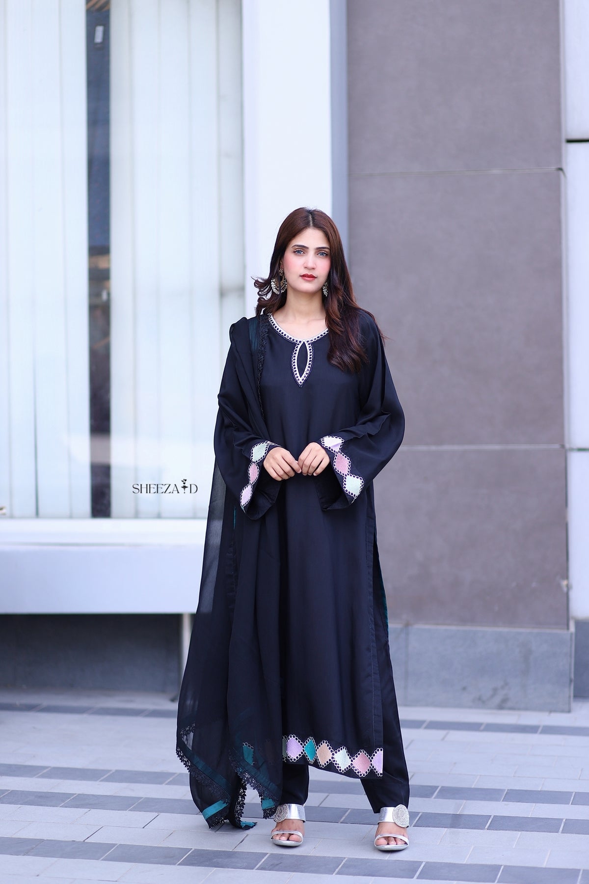 Black Premium Embellished 3-Piece Chiffon Suit for Women | BySheeza