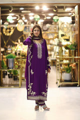 Royal Purple Premium Embroidered 3-Piece Chiffon Suit for Women | BySheeza
