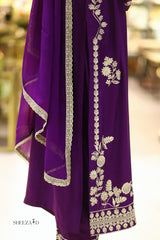 Royal Purple Premium Embroidered 3-Piece Chiffon Suit for Women | BySheeza