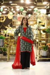 Black Printed Premium 3-Piece Suit with Red Chiffon Dupatta | BySheeza