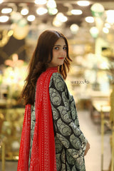Black Printed Premium 3-Piece Suit with Red Chiffon Dupatta | BySheeza