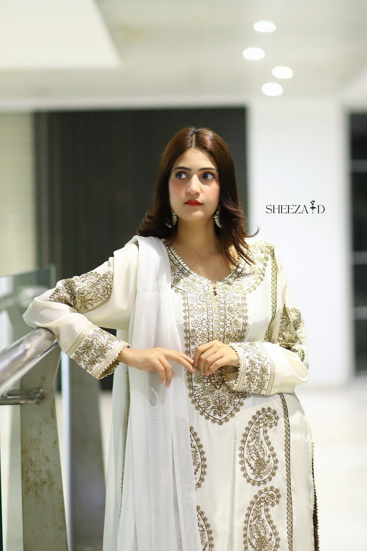 White Premium Embroidered 3-Piece Chiffon Suit for Women | BySheeza