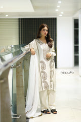 White Premium Embroidered 3-Piece Chiffon Suit for Women | BySheeza